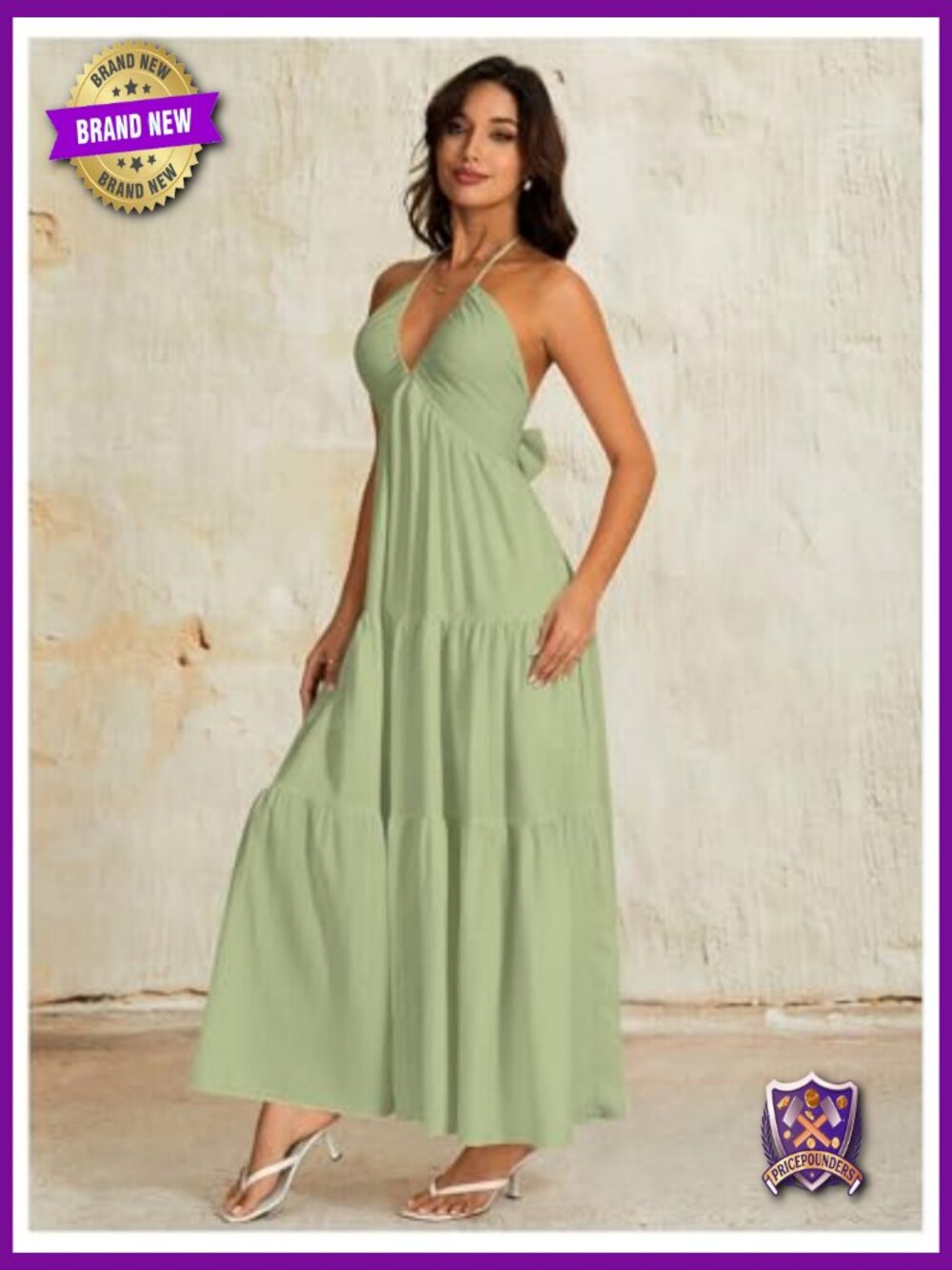 Backless Halter Maxi Dress Tiered Flowy Boho Beach Wed Guest - Picture 7 of 7
